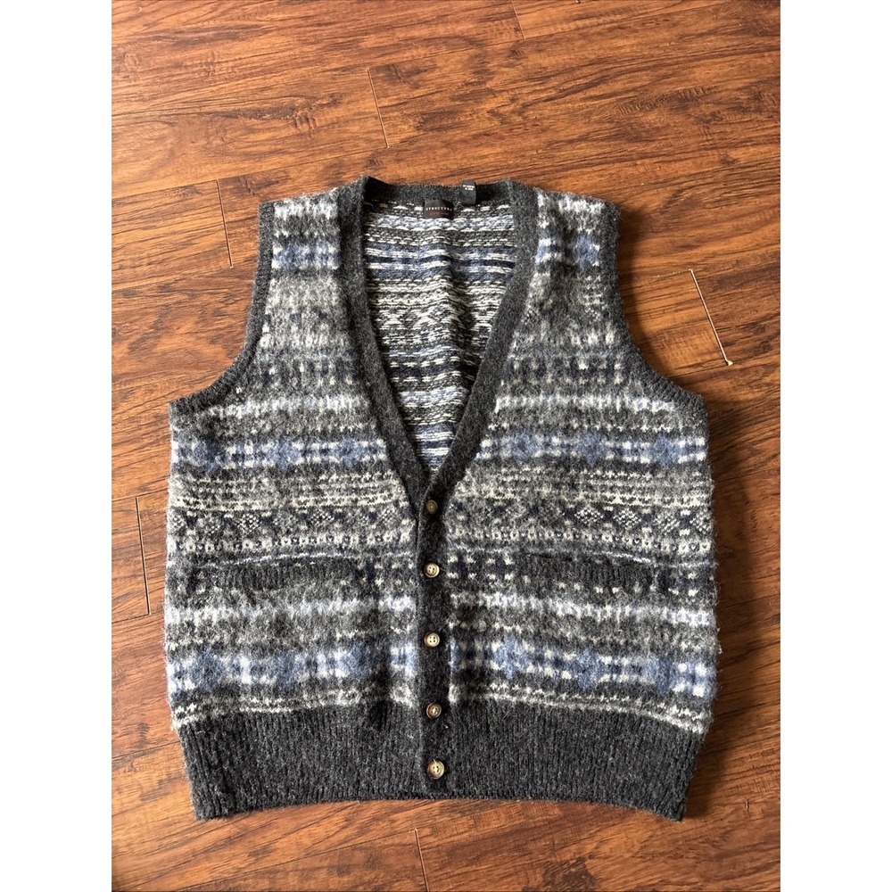 Vintage Grandpa 100% Wool Sweater Vest Buttons Grey/ Blue Chain Link LG